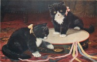 Ретро открытки - Весёлые музыканты. Два чёрных котёнка и бубен