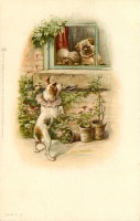 Ретро открытки - Театр одного актера. Терьер в саду и две собаки в окне