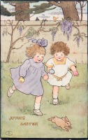 Ретро открытки - Две девочки, кролик, пасхальные яйца и цветы глицинии