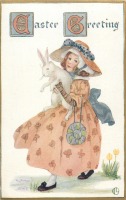 Ретро открытки - Девочка в розовом платье, тюльпаны и кролик