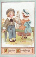 Ретро открытки - Дети на скамейке и кролик