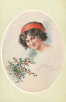 Ретро открытки - Девушка с красной лентой и ветка падуба