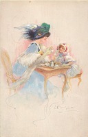 Ретро открытки - За чаем с мамой. Женщина и девочка в голубых платьях