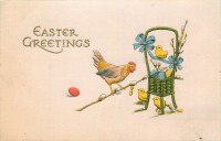 Ретро открытки - Пасхальные поздравления. Куры, цыплята и пасхальная корзина