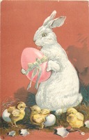 Ретро открытки - Пасхальные поздравления. Кролик, цыплята и пасхальное яйцо