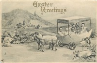 Ретро открытки - Счастливой Пасхи. Кролик, овечки и дети в экипаже