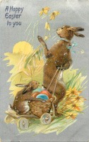 Ретро открытки - Счастливой Пасхи. Кролики, пасхальная корзина и жёлтые цветы