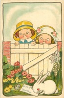 Ретро открытки - Счастливые пасхальные дети и кролик