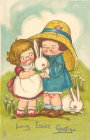 Ретро открытки - Две девочки, соломенная шляпа и кролик