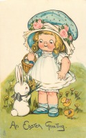Ретро открытки - Пасхальные поздравления. Девочка с корзиной и кролик с нарциссами