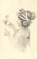 Ретро открытки - Модерн. Девушка, нарцисс и бабочка