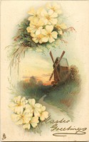Ретро открытки - Жёлтые примулы и ветряная мельница на закате
