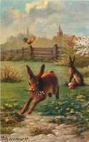 Ретро открытки - Кролик с веткой вербы и пасхальные яйца