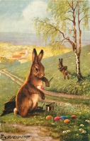 Ретро открытки - Кролик-художник и пасхальные яйца