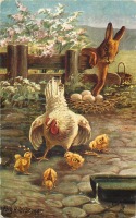 Ретро открытки - Курица с цыплятами, кролик и птичье гнездо