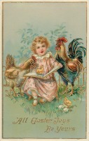 Ретро открытки - Девочка с книгой и куры с цыплятами
