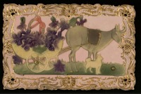 Ретро открытки - Корзина фиалок в повозке, коза и собака