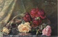 Ретро открытки - Красные, розовые и жёлтые розы на зелёном фоне