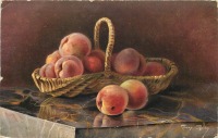 Ретро открытки - Персики в корзине на мраморном столе