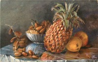 Ретро открытки - Ананас, персики и финики в серебряной вазе
