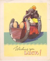 Ретро открытки - Слон в колыбели с подковами на удачу