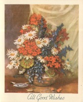 Ретро открытки - Ромашки, красная герань и голубой дельфиниум в вазе