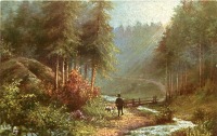 Ретро открытки - Охотник с собакой и мостик через ручей