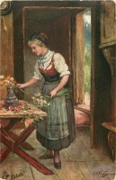 Ретро открытки - Молодая женщина и букет цветов в вазе