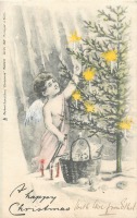 Ретро открытки - Ангел украшает рождественскую ёлку