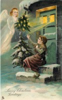 Ретро открытки - Ангел, ёлка с огнями и девочка у дома