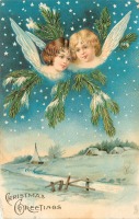 Ретро открытки - Два ангела и сельская церковь