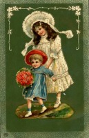Ретро открытки - Две девочки с букетом красных роз