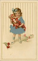 Ретро открытки - Девочка с красными тюльпанами в корзине