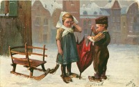 Ретро открытки - Голландские дети, санки и красный зонт