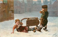 Ретро открытки - Голландские дети и санки