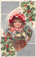 Ретро открытки - Девочка в красной шапочке и ветки падуба