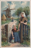 Ретро открытки - Ретро-поштівка.  Мама з дочкою біля фіртки. Нідерланди.