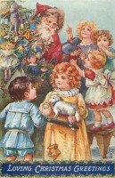 Ретро открытки - Санта Клаус с ёлкой, дети и девочка с овечкой