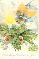 Ретро открытки - С Рождеством. Сельский дом и рождественская свеча