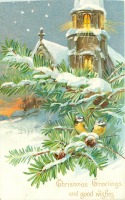 Ретро открытки - С Рождеством. Сельская церковь и лазоревки