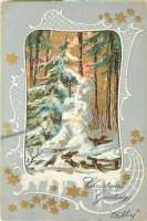 Ретро открытки - С Рождеством. Снеговик, санки и воробьи