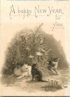 Ретро открытки - Счастливый Новый Год. Кошачья семья