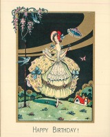 Ретро открытки - С Днём Рождения. Ночной пейзаж и девушка с зонтиком