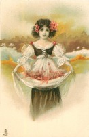Ретро открытки - Девушка с цветами на золотом фоне