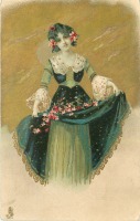 Ретро открытки - Девушка в зелёном платье с букетом цветов