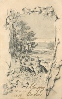 Ретро открытки - Пасхальные поздравления. Два кролика на лесной поляне