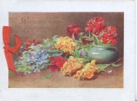 Ретро открытки - Красная и жёлтая лакфиоль в вазе и голубые незабудки