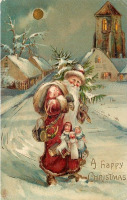 Ретро открытки - Ретро-поштівка. Вітаю з Різдвом. Санта Клаус йде з подарунками.