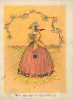 Ретро открытки - Молли Бернатар. Женщина с маргаритками на жёлтом фоне