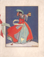 Ретро открытки - Женщина в красном пальто и малиновка